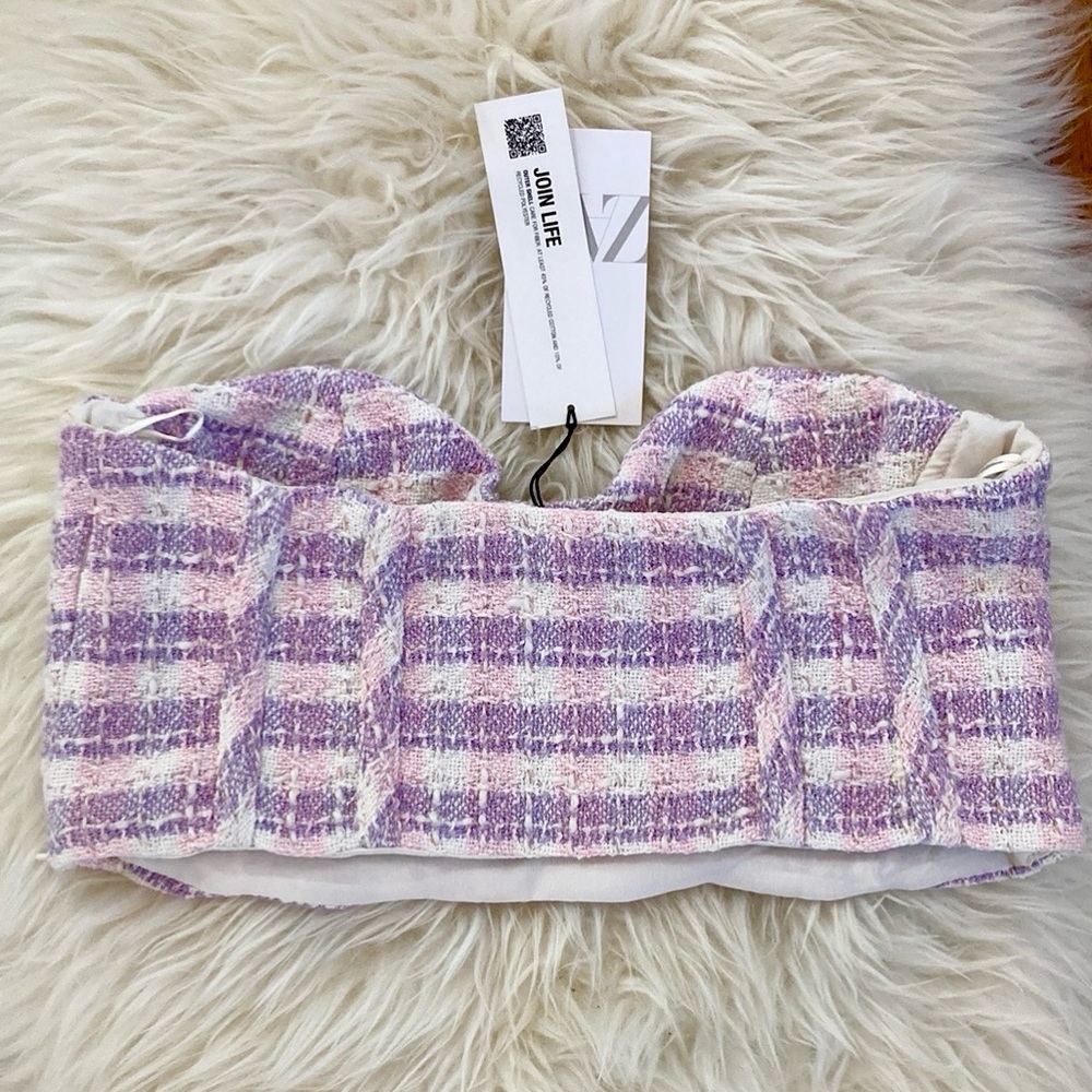 Zara Tweed Corset Bra-Style Crop Top w/Chiffon Lining - Picture 7 of 13